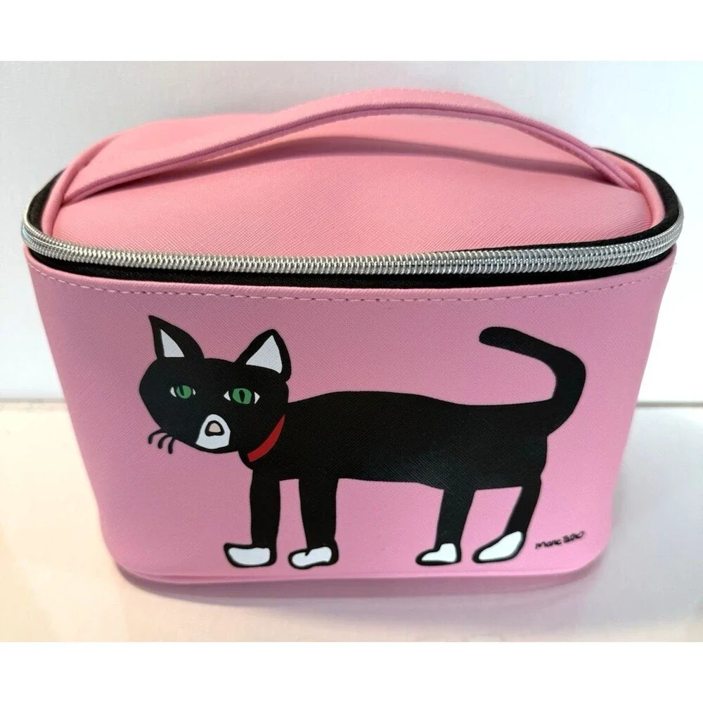 Marc Tetro Black Cat Cosmetic Makeup Bag Pink Retro Travel Zippered Kitten